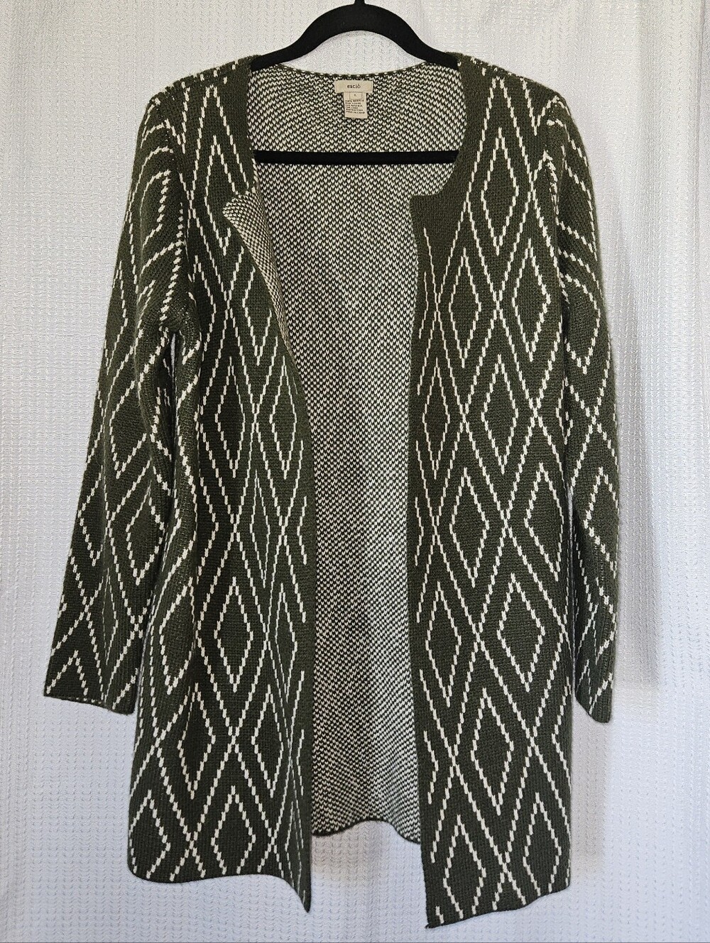 Escio Women’s Green White Diamond Thick Open Front Cardigan Sweater sz L